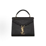 SAINT LAURENT CASSANDRA Gold Logo Crocodile embossed shiny crossbody bag, handbag, shoulder bag, mini women\'s style, black